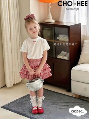 Set áo thun trắng nơ đỏ váy caro đỏ 10-40kg