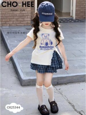 De áo thun xẻ tà xéo váy caro bé 10-40kg