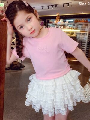 Set áo hồng chân váy tầng trắng 12-40kg