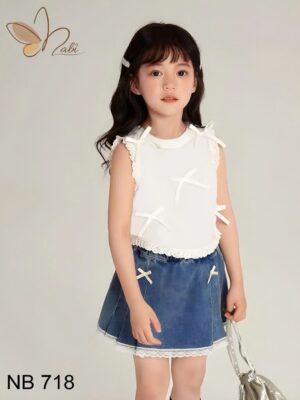 Set bé gái áo trắng sn jean demin