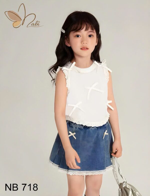 Set bé gái áo trắng sn jean demin