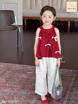 Set đỏ nơ bé gái quần trắng ống rộng12-40kg