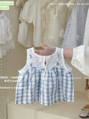 Set caro chân váy trắng bé gái