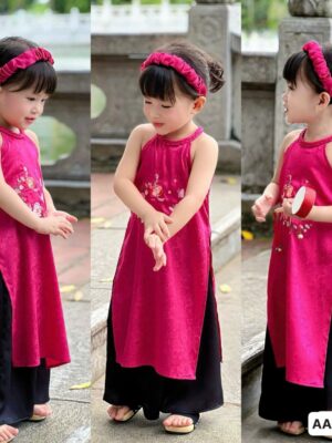 Áo dài cách tân cổ yếm hồng kèm bờm 12-40kg