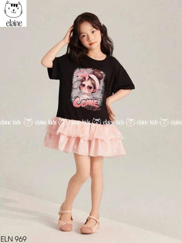 Đầm thun đen vol đuôi cá hồng cô gái 10-40kg