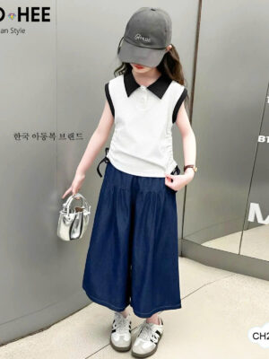 Set áo trắng cổ quần jean demin đậm 13-45kg