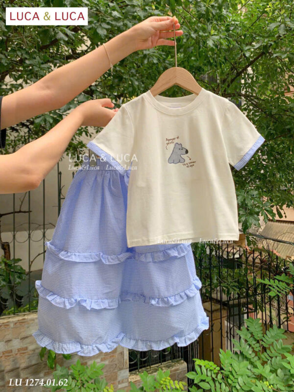 Set váy dài caro xanh chú cún 13-45kg