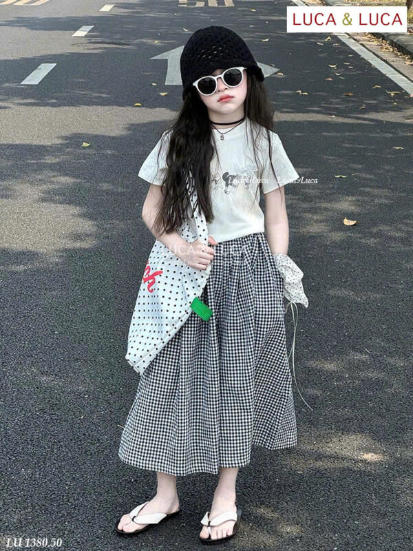 Set váy caro đen áo xám mèo cute 13-45kg