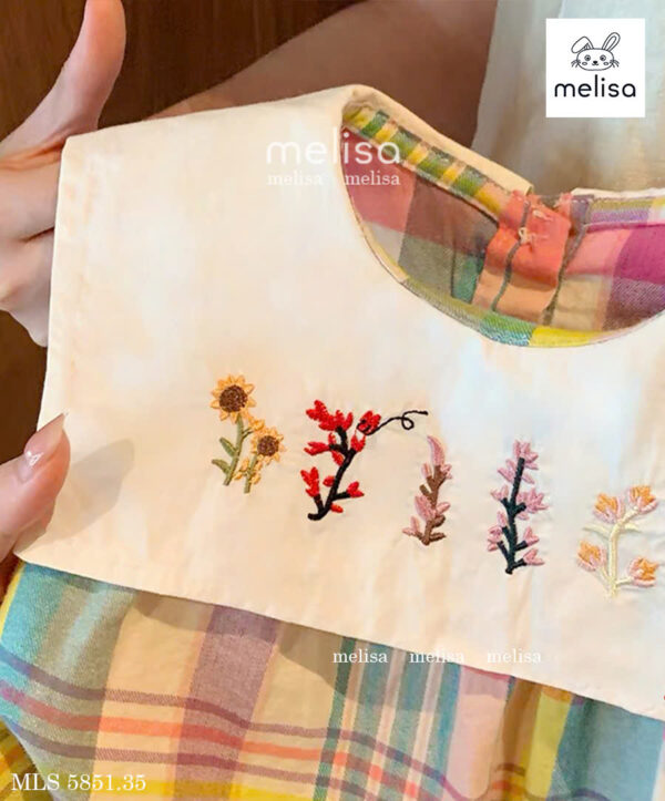 Set caro thêu cổ bèo bé gái 12-40kg