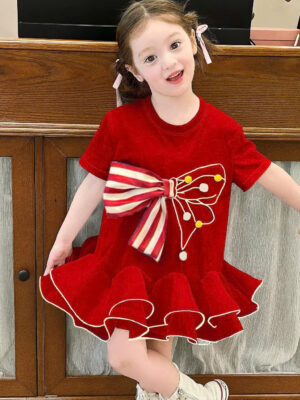 Đầm đỏ nơ nỉ xoè 13-40kg