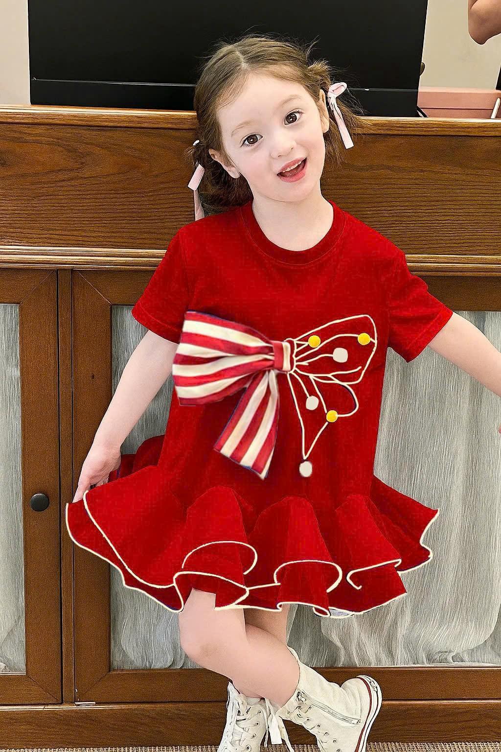 Đầm đỏ nơ nỉ xoè 13-40kg