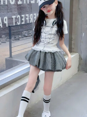 Set váy caro ngắn áo trắng phối cún 13-45kg