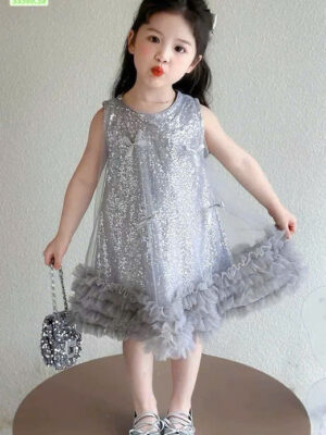 Váy xinh blinh đính nơ xám 12-45kg