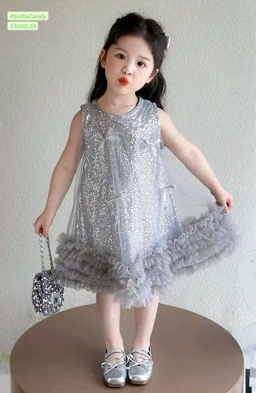 Váy xinh blinh đính nơ xám 12-45kg