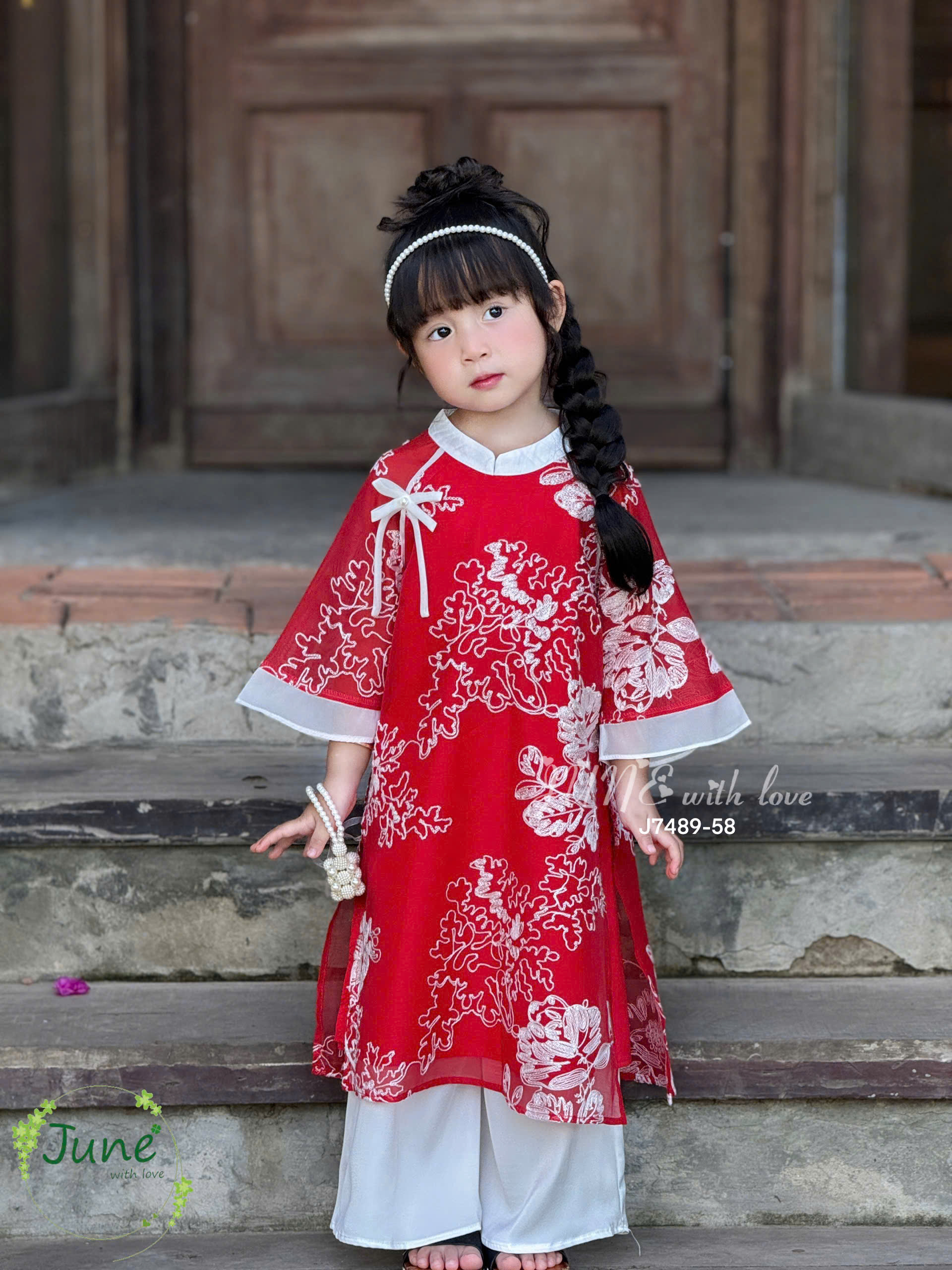 Áo dài đỏ chỉ trắng 13-40kg